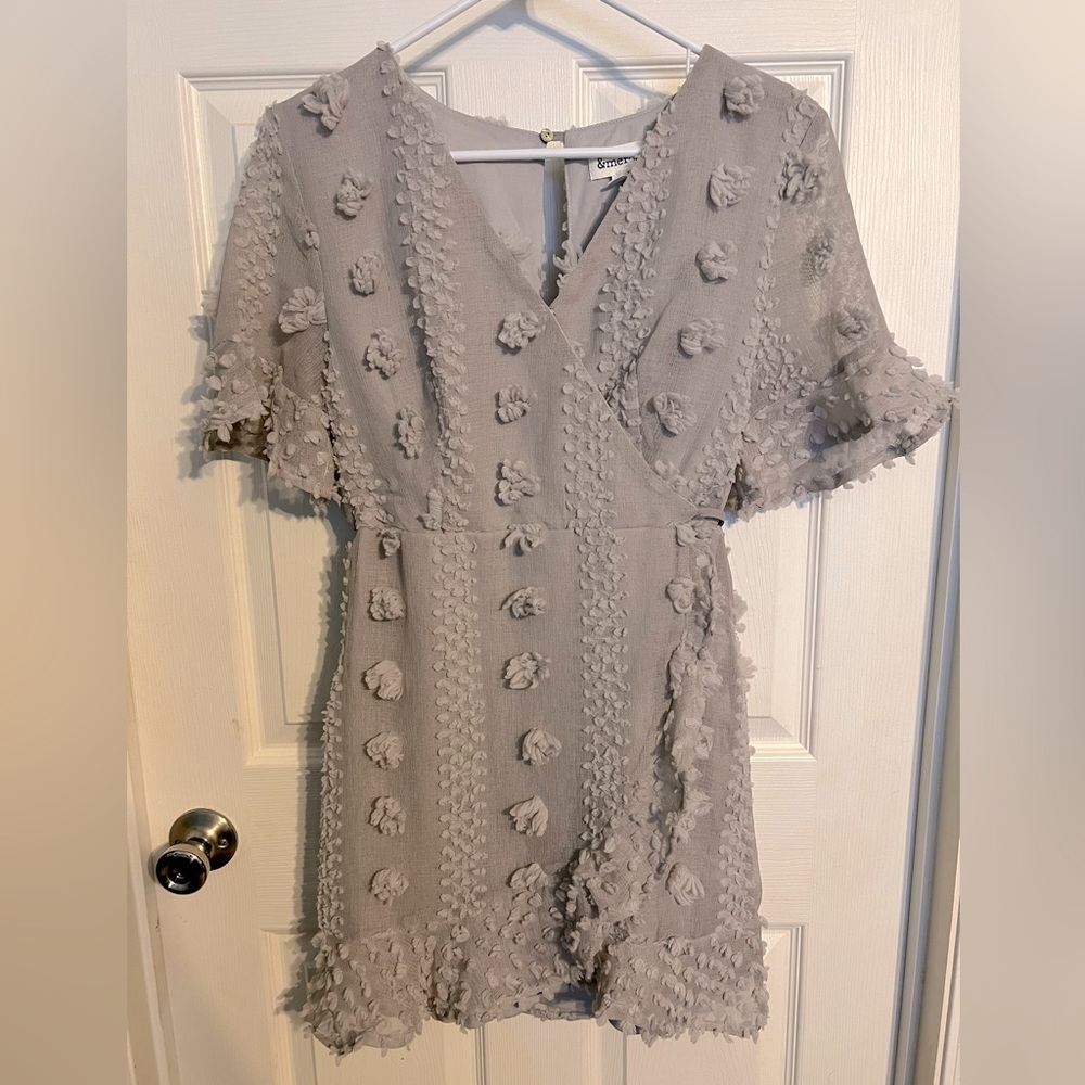 &merci boho size small light grey faux wrap chiffon Pom dress with v neck